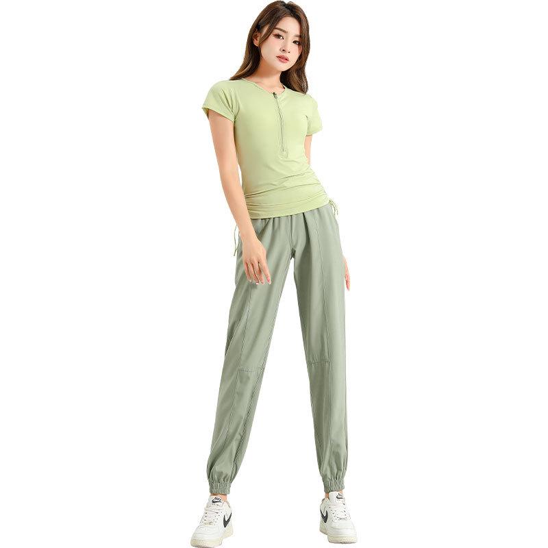 Women's High-End Quick-Dry Yoga & Running Set: Summer Half-Zip Short Sleeve Top with Loose Casual Ice Silk Pants