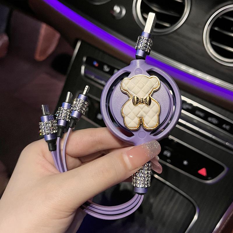 Rhinestone 3 in 1 Car Charger Data Line Charming Cute Ballet Girl Bowknot Bear Auto Fast Charging Bling Car Interior Accessories