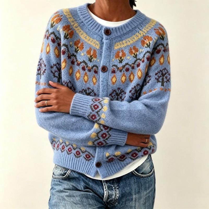 Womens Oversized Crew Neck Knit Cardigan With Color Block Jacquard Acrylic Blend Loose Fit Sweater Fall Winter
