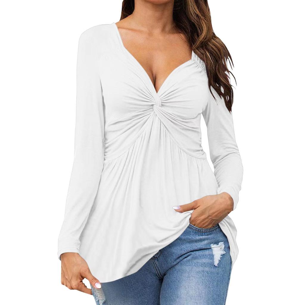 Women's Long Sleeve Twist Front V Neck Streetwear Casual Tunic Top Solid Color Pleated Dyeing Cotton Blend Pullover Shirt For Autumn Daily Outfit