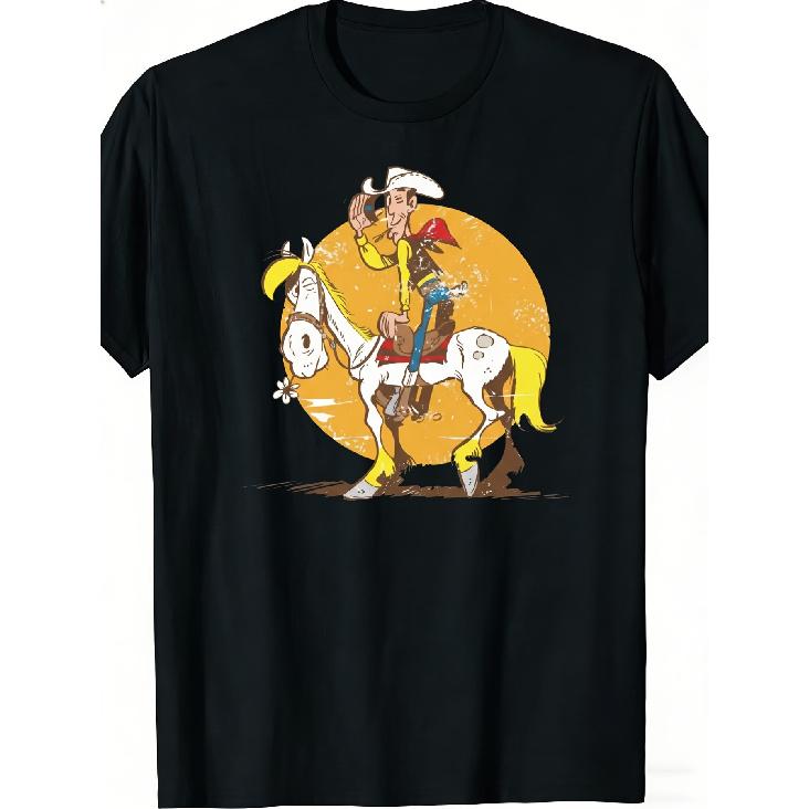 Men's Black Short Sleeve T-Shirt with Cartoon Cowboy Riding Horse Graphic, Soft Cotton Feel, Relaxed Fit, Round Neckline, Western Theme for Casual