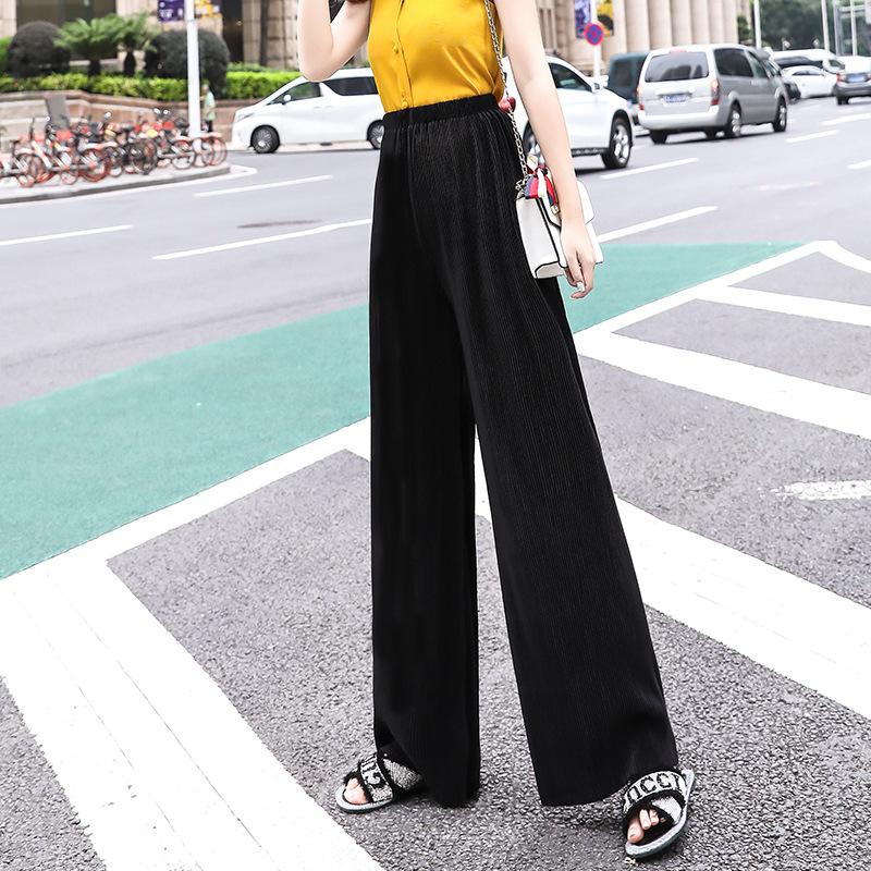 Women's Mid Waist Pleated Chiffon Wide Leg Long Pants High Drape Loose Casual Vacation Trousers