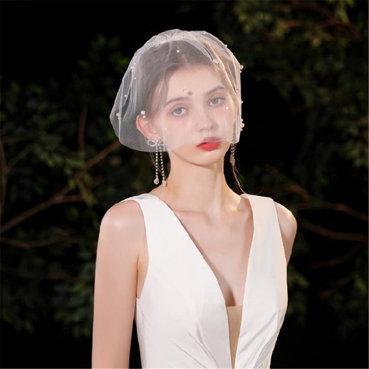 Pearls Bridal Veil Studded Stylish Graceful Head Cover Wedding Hair Accessory White Net Veil Wedding Photo Props