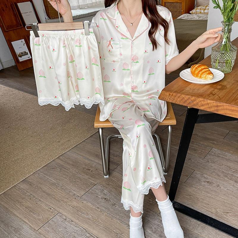 Sweet And Cute Girl Peach Jacquard Pajamas Ice Silk Short-Sleeved Shorts Lace Lace Summer Thin Loungewear