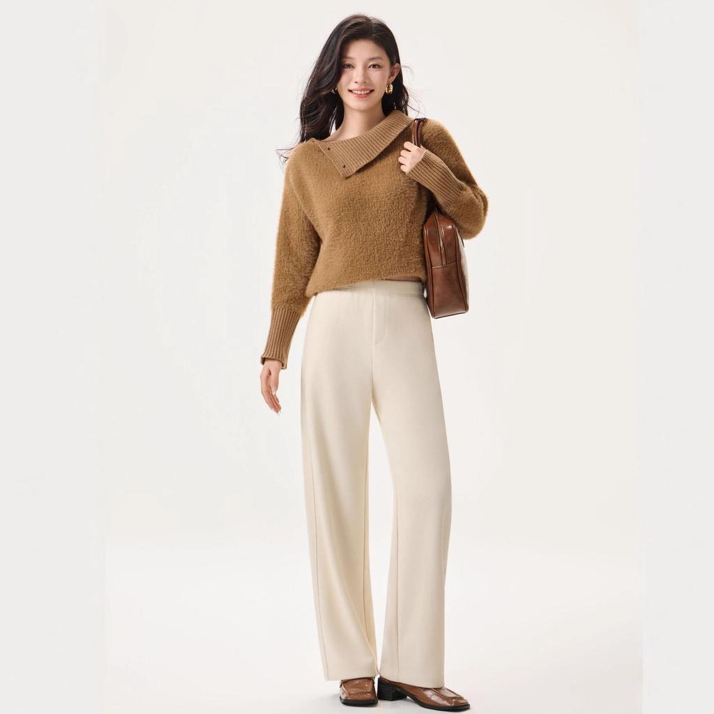Women's High Waist White Wool-Blend Fleece Pants - Slimming, Versatile, Straight/Wide Leg Winter Casuals.