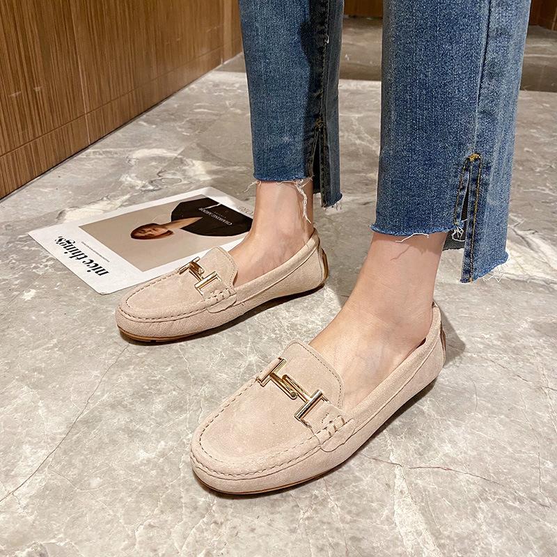 Fashion 2025 Brand Metal Buckle Mocasines Women Genuine Leather Shoes Pigskin Loafers Femmes Slip On Cow Suede Flats Woman Shoes Walking