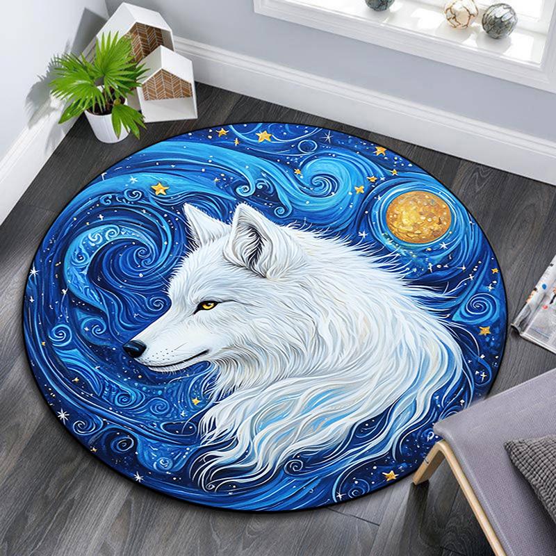 

White Wolf Round Area Rug,Carpet Rug for Living Room Bedroom Sofa Playroom Decor,Non-slip Floor Mat 80cmx80cm