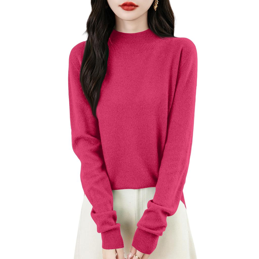 Women's Fashion Flat-Knit Half-Turtleneck Pullover Sweater Solid Color Long-Sleeve Top