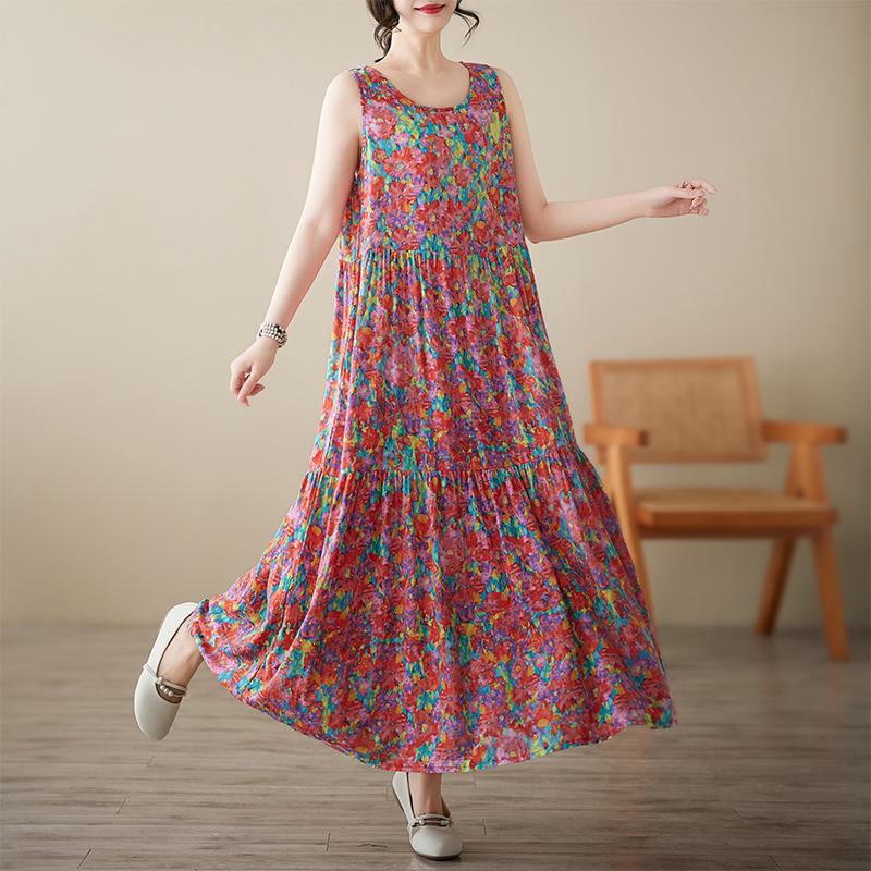 DIMANAF 2025 New Summer Women Plus Size Loose Vintage Floral Printing Dress Basic Sundress Casual Long Dress