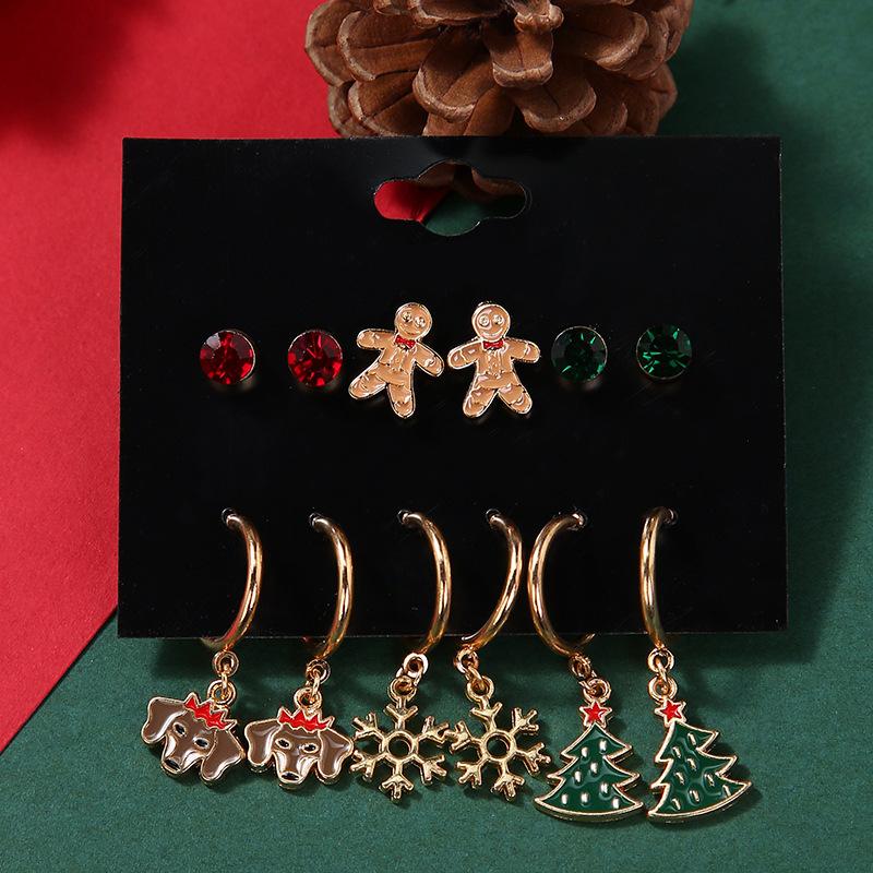 Christmas stud earrings combination new cartoon holiday alloy dripping elk old man bell earrings set