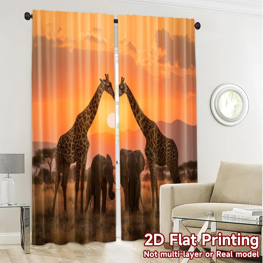 Set Of 2 Modern Flat Printing Curtains Without Rod Sunset Safari Curtain Durable Polyester Fabric All