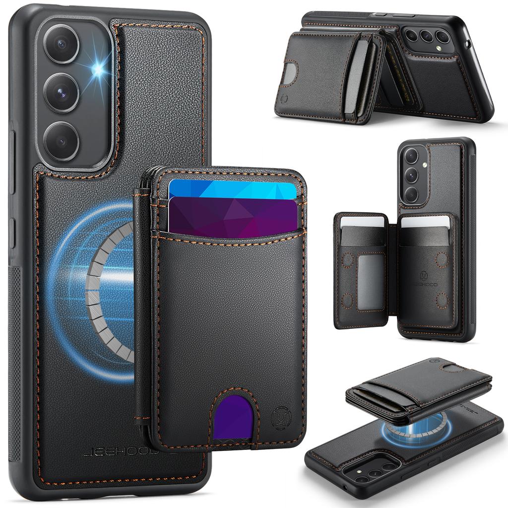 For Samsung Galaxy A54 5G Magnetic Case JEEHOOD J10 Leather Back Phone Cover with Detachable Card Holder Kickstand