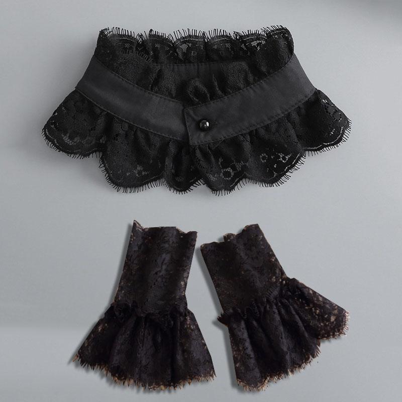 White Big Lapel Fake Collar And Black Detachable Cuff Lace False Collar Stand Removable Faux Col for Women Half Shirt Accessory