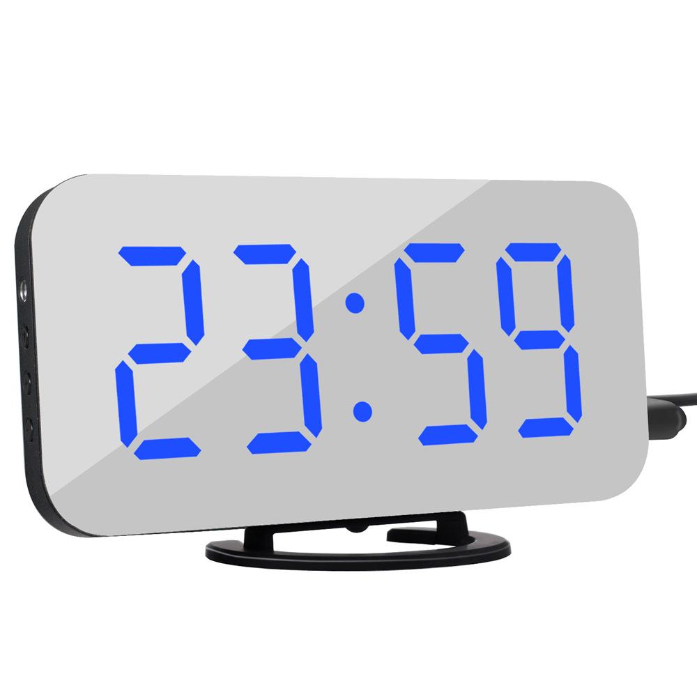 LED Mirror Electronic Alarm Clock Mini Cosmetic Mirror Bedside Clock with Black Shell Blue light#0
