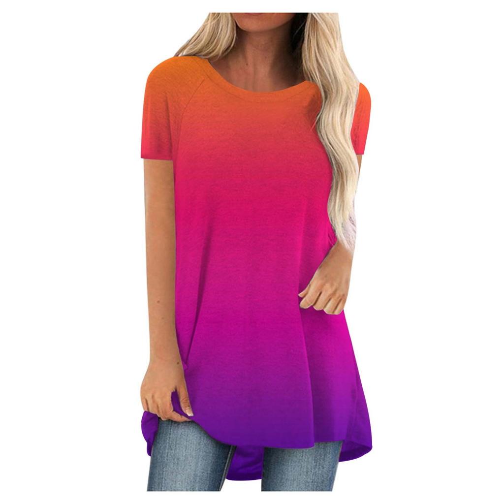Gradient Color 3D Print Long T-Shirts Women Casual Streetwear Oversized O-Neck Short Sleeve T Shirt Y2K Tops Tees Woman Clothing