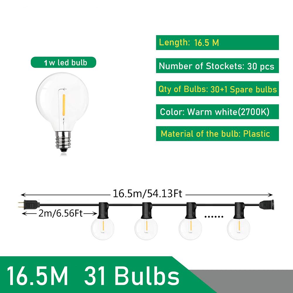 Ghirlande luminoase G40 26M LED în aer liber cu becuri E12 din plastic pentru petrecere în grădină, nuntă, terasă, terasă, camping, Anul Nou, ghirlande de decorare