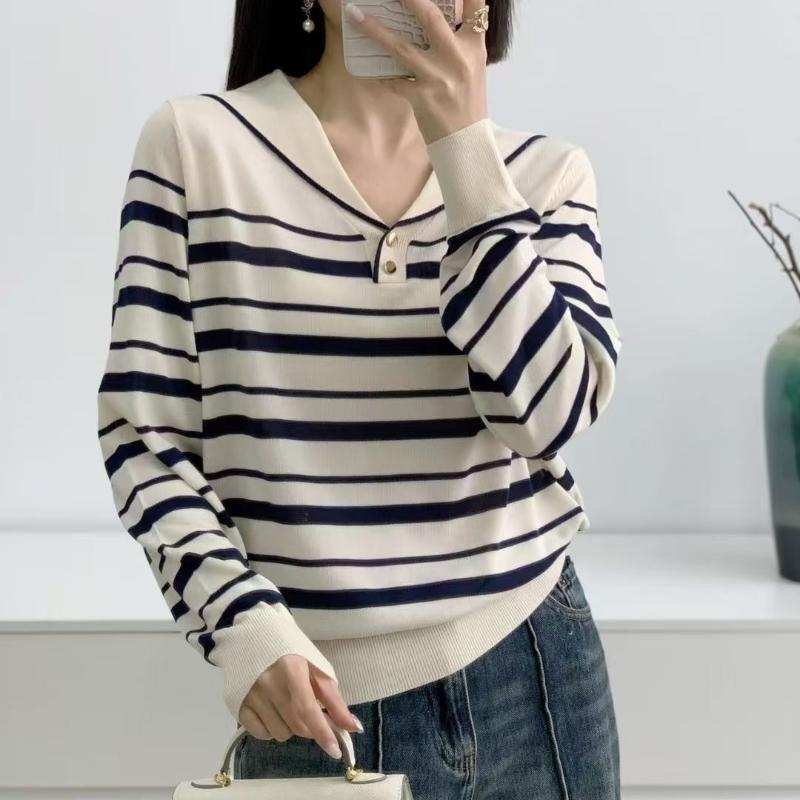 

Новый полосатый вязаный свитер с воротником «Морской» — это стильный свободный и универсальный повседневный тонкий и дышащий верх и базовый слой. One size абрикосовый