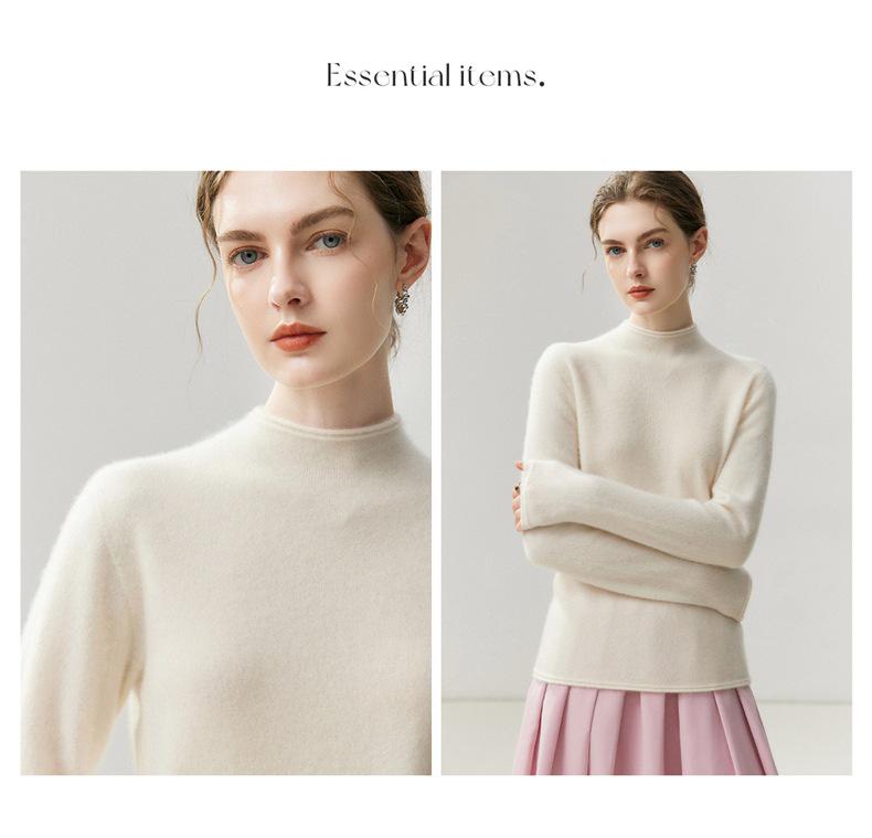Women's 100% Cashmere Ribbed Half-Turtleneck Sweater - Autumn/Winter Base Layer, Loose & Warm