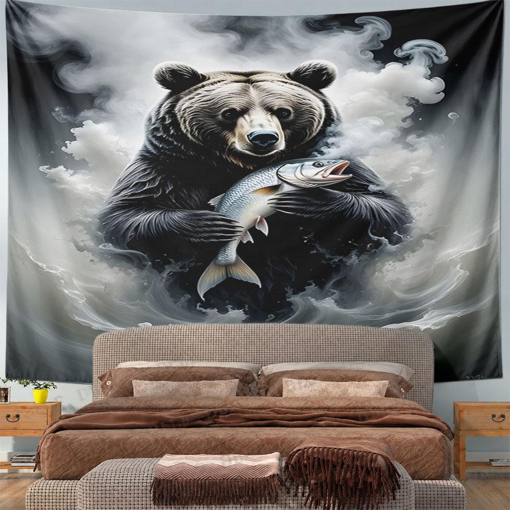 Bear Holding Fish In Smoky Mist Pattern Wall Hanging Tapestry Decorative Tapestry Home Decor for Bedroom and Living Room