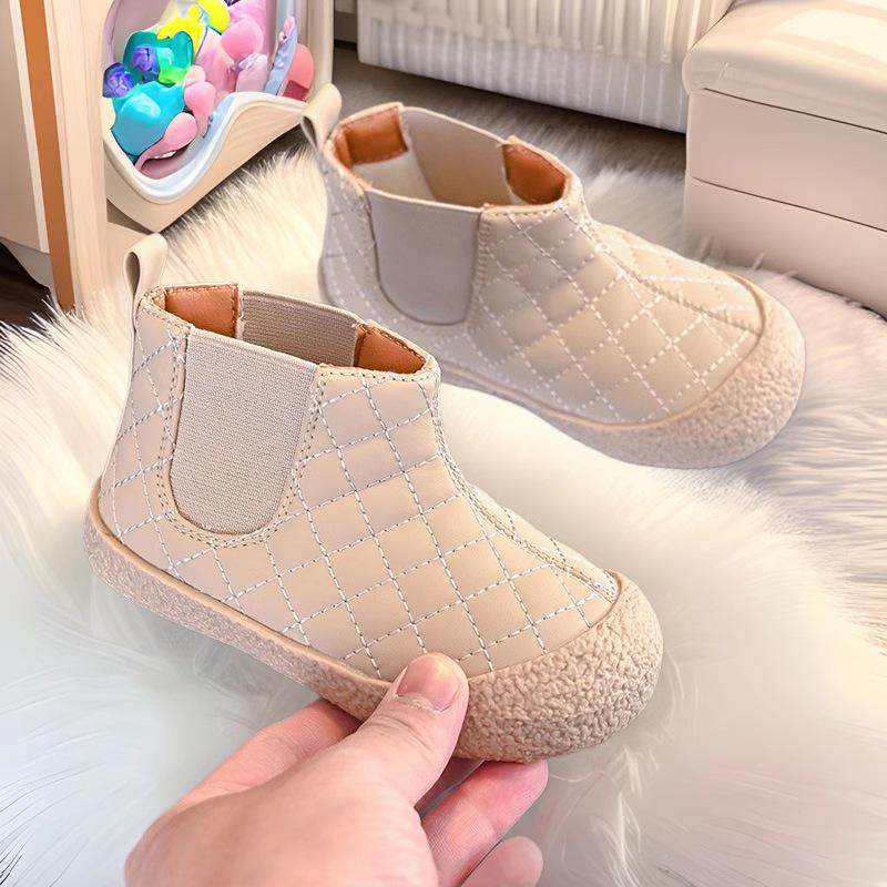 

Babudou 2025 Winter Kids Slip-on Boots: Anti-slip Velvet Lined Leather for Boys & Girls Size 25, Inner Length 14.8cm бежевий