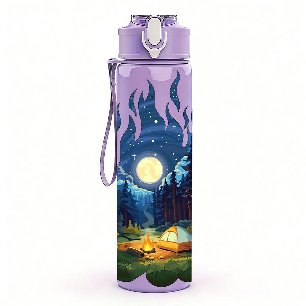 1PC Mountain Campfire Night Landscape Print 750ml Color Plastic Sports Water Bottle Leakproof Flip Straw Lid Suitable for Sports Office Home Use