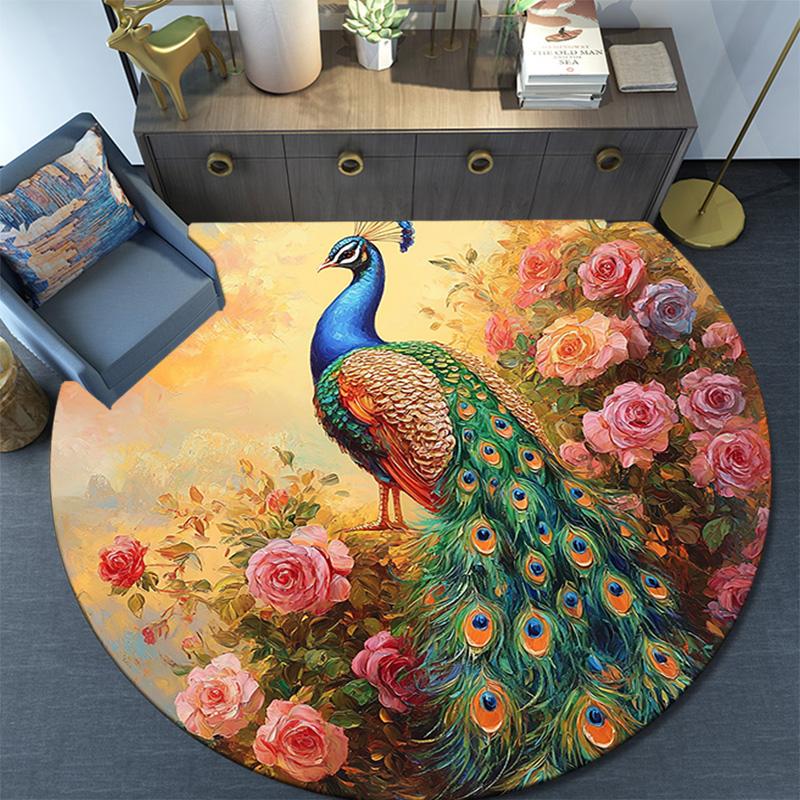 Peacock Garden Round Area Rug,Carpet Rug for Living Room Bedroom Sofa Playroom Decor,Non-slip Floor Mat