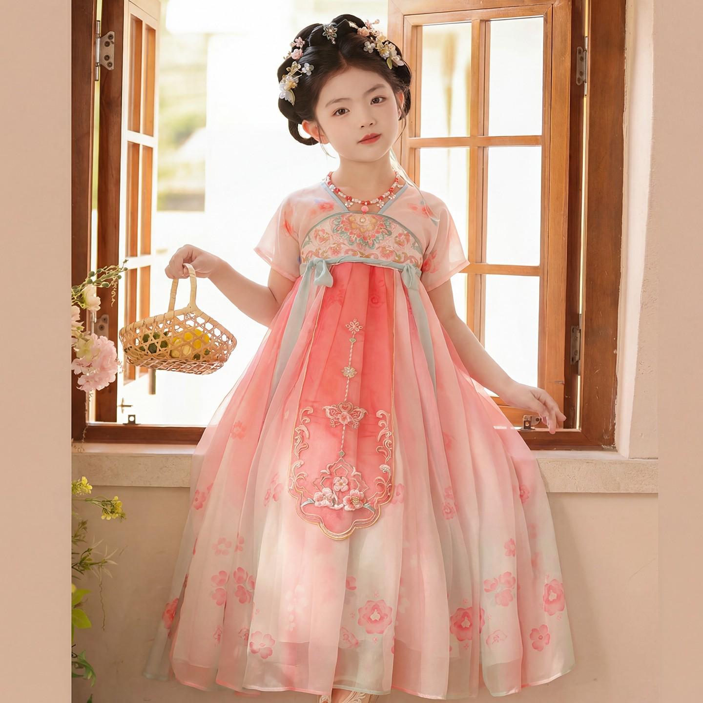 2026 New Girls  Hanfu Summer Ruqun Fairy Dress – Chinese Tang Style Children s Ancient Costume Size 140 розовый
