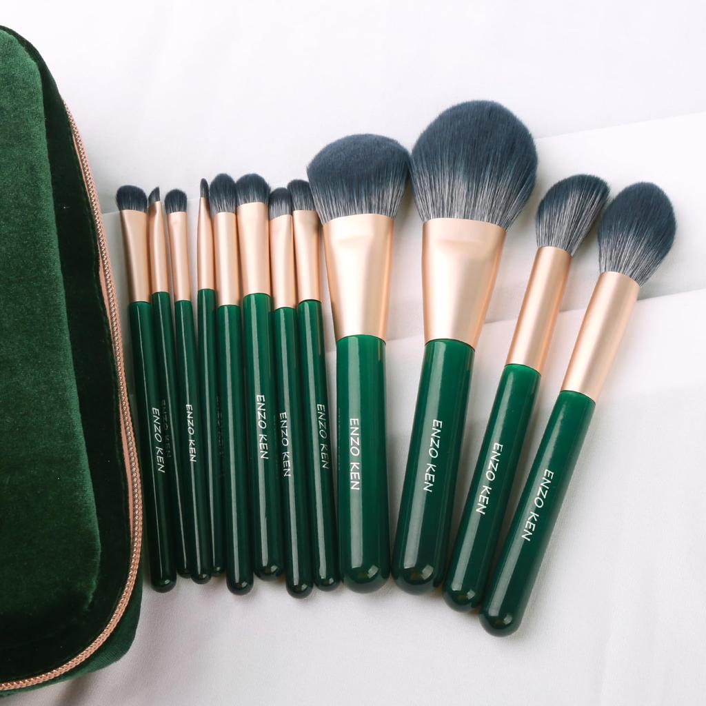 ENZO KEN Grünes professionelles Make-up-Pinsel-Set mit Reiseetui, smaragdgrünes veganes Lidschatten-Pinsel-Set, superweiches Haar, Reise-Kosmetikpinsel-Set, 12 Stück mit