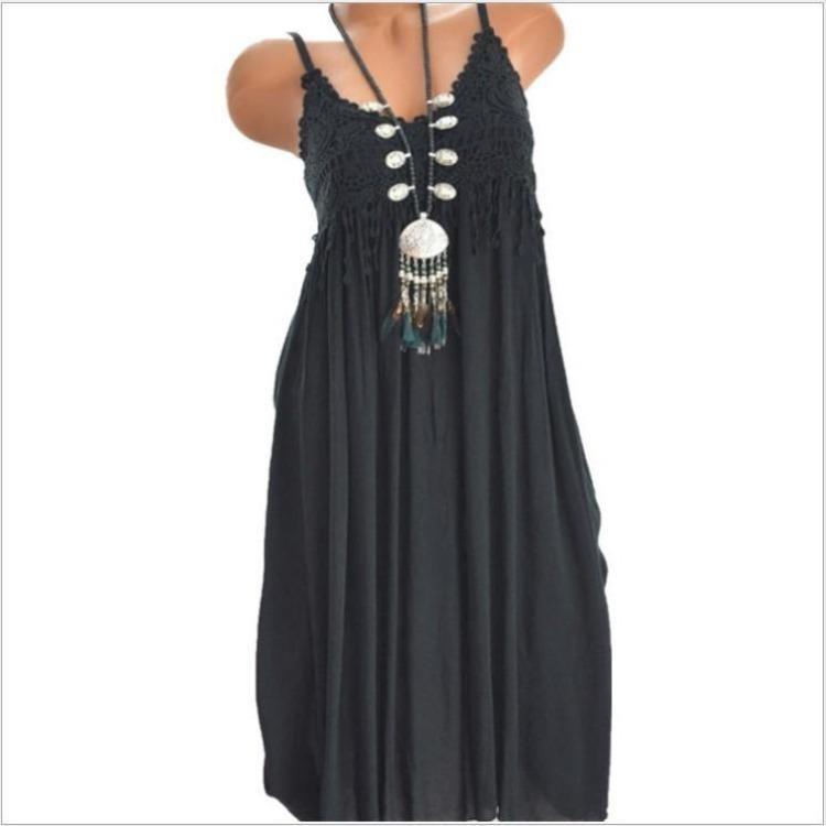 Sexy Lace Suspender Dress Solid Color Splicing Medium Long Hot Sale