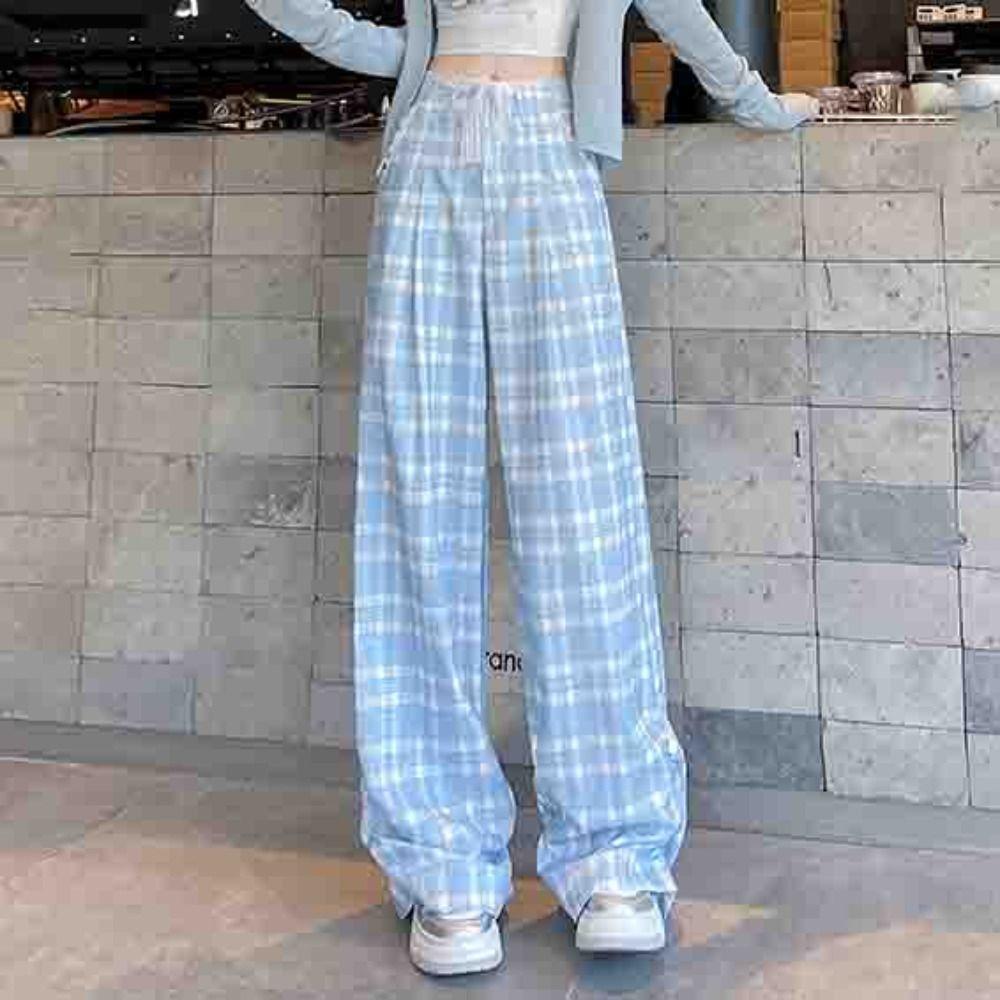 

Loose Lace Grid Straight Pants High Waist Plaid Baggy Trousers Fashion Wide Leg Pants Women Spring XXL синій