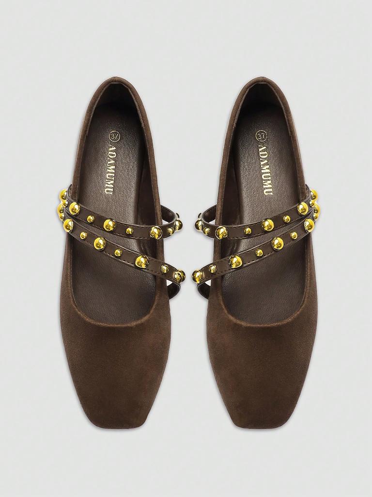 Women's Fashion Square Toe Mary Jane Shoes, Double Buckle Velcro Strap, Lightweight Bead Decoration, Comfortable