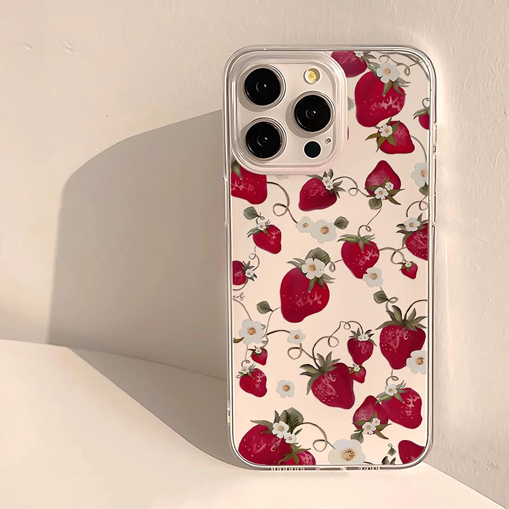 Strawberry Full Screen Y2k Phone Case For iPhone 16 15 14 13 12 11 Pro Max 7 8 Plus XR XS Max Shockproof Transparent Back Cover
