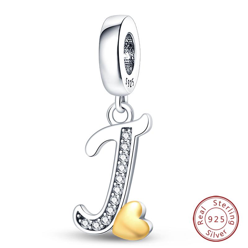 925 Silver Charm Beads Classic Gold Heart-Shaped 26 Letters Pendant For Bracelet DIY Charm Birthday Jewelry