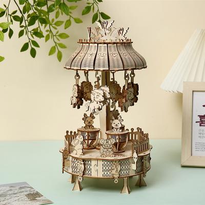 DIY Assembly 3D Wooden Vintage Carousel Music Box Romantic Rotating Ornament Decor Mechanical Kits Toys Gifts for Kids