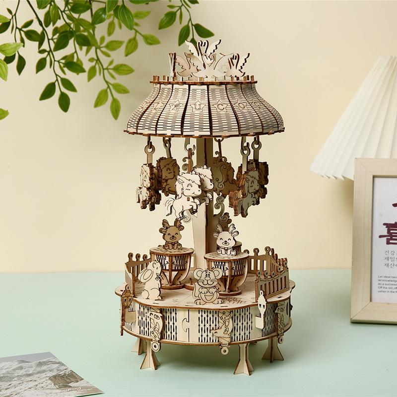 DIY Assembly 3D Wooden Vintage Carousel Music Box Romantic Rotating Ornament Decor Mechanical Kits Toys Gifts for Kids