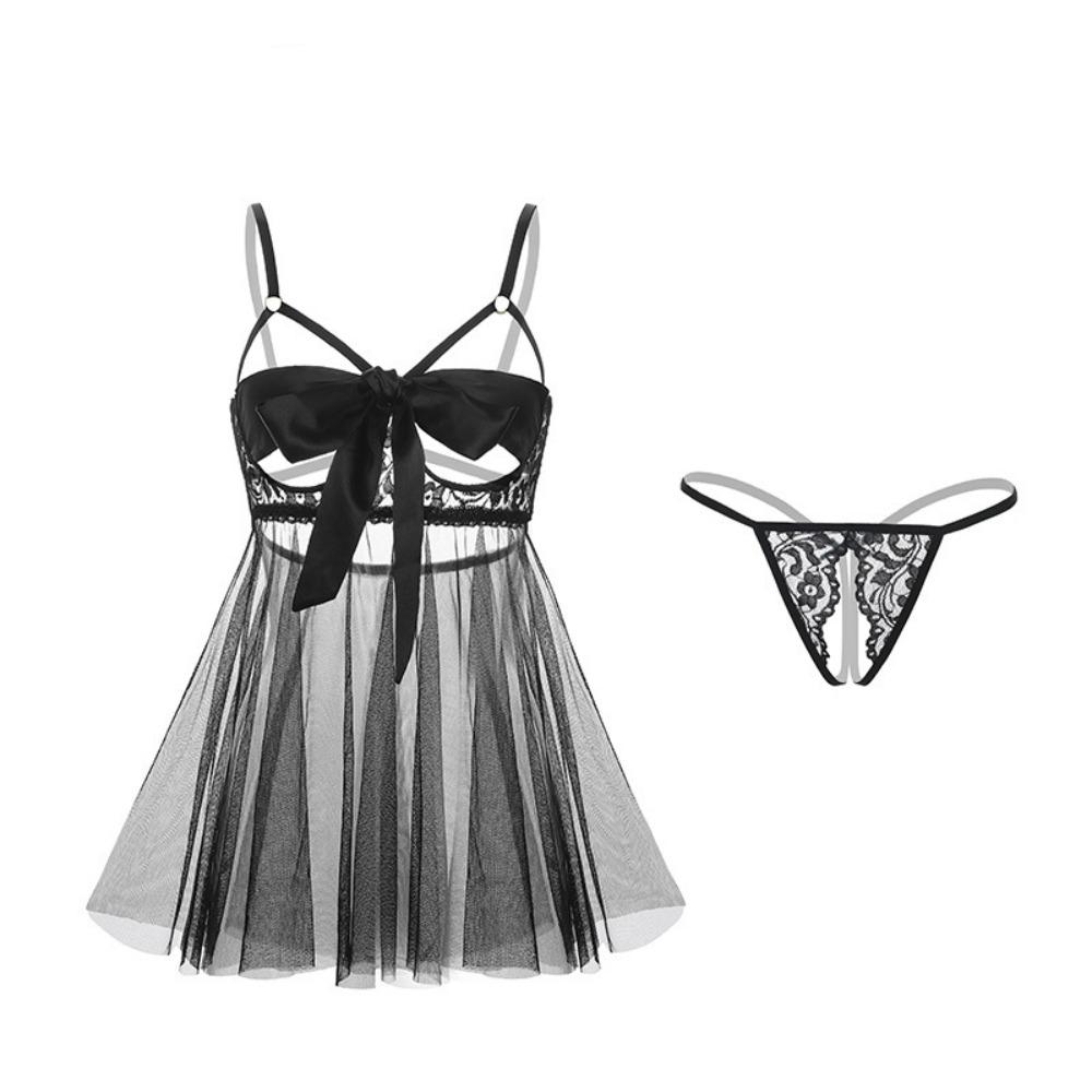 Bowknot Camisole Nightwear Transparent Mesh Nightdress Comfortable Lace Nightgown  Women