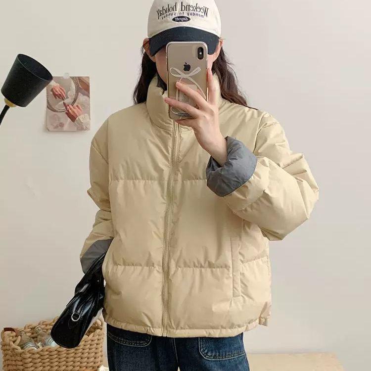 Winter Color Block Stand Collar Down Jacket - Korean Style Short & Thick Loose Fit Coat