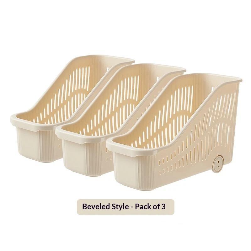 Plastic Storage Basket With Wheels And Handle Slanted Open Design Organizer Bin For Books Stationery And Household Items