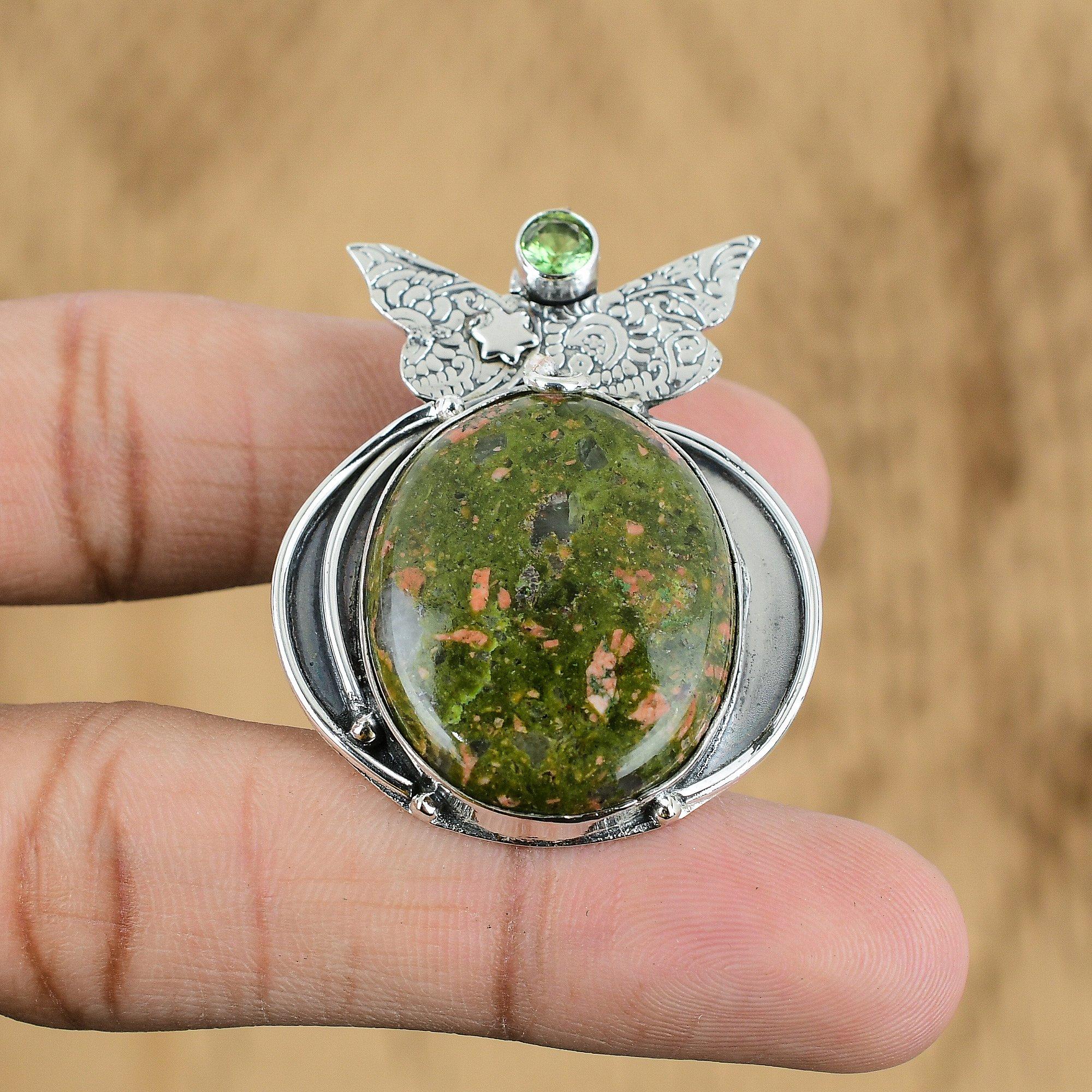 

925 Silver Oval Natural Unakite Peridot Heart Chakra Sister New Pendant Jewelry