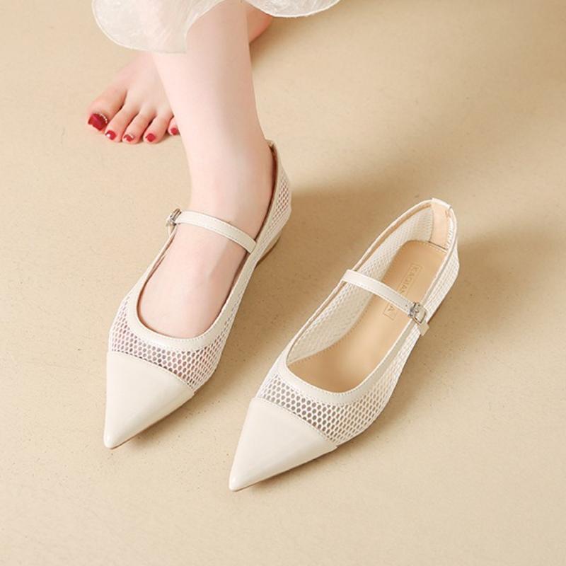 Fashion Fashion Mesh Hollow Low Heel Pumps Women Elegant Pointed Toe Narrow Band Buckle Designer Shoes Comfortable Breathable Dress Shoe