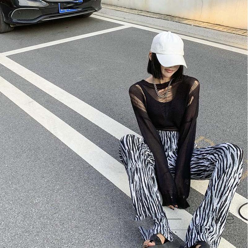 Y2K Schwarz Eis Seide Hohl Dünnen Pullover Damen Langarm Sonnenschutz Top Neue Sexy Lose Kintwear Ripped Bluse Punk stil Pullover