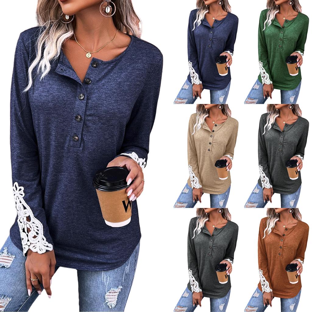 Damen Lässiger Lockere Passform Farbe Langarm Pullover Oberteil mit Rundhalsausschnitt Knopf