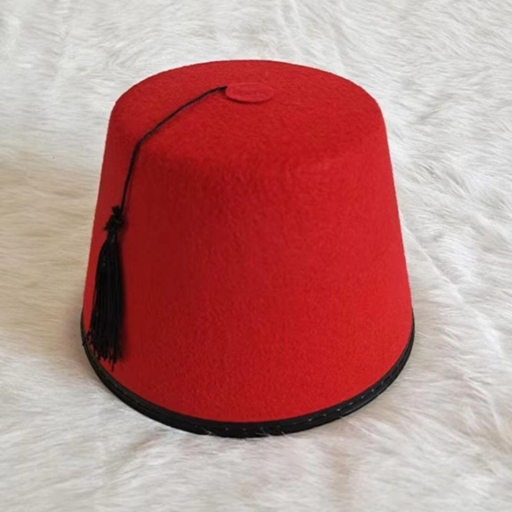 Round Felt Fez Cap Breathable Moroccan Hat Tarboosh Fez Hat Red Color Ottoman Turkish Tassels Cap Festival Supplies