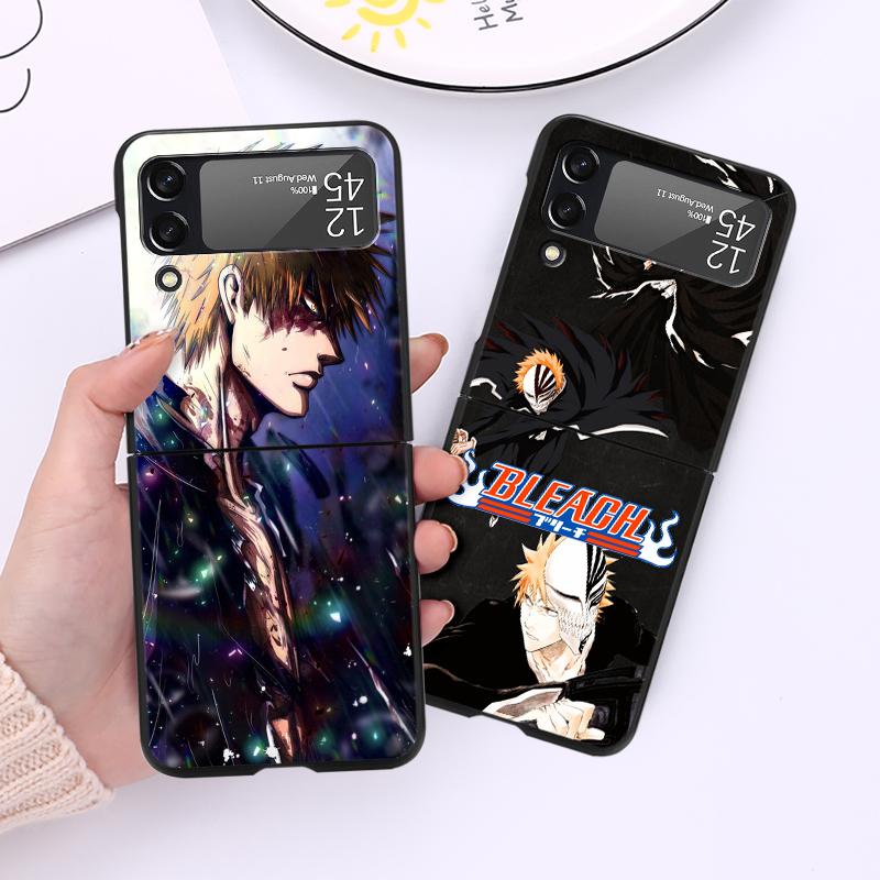 Luxury Case For Samsung Galaxy Z Flip 4 3 5G Black PC Hard Phone Cases Fashion Back Cover ZFlip Funda Kurosaki Ichigo Bleach Sac