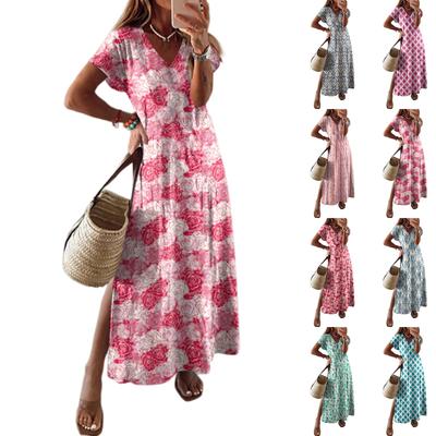 Women Summer Floral Dress Short Sleeve Beach Dress With Pockets Casual V-Neck Split Long T-Shirt Dress Travel Vacation