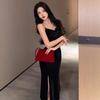 Premium French Golden Velvet Suspender Dress Women's Autumn and Winter Sexy Tight Fishtail Long Dress Split Hip Wrap Dress Skirt