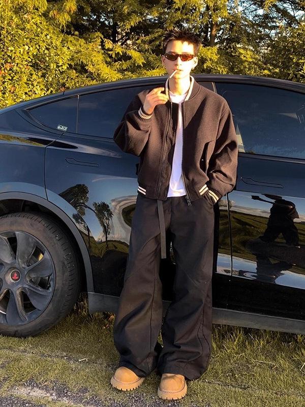 Men's Gray Woolen Bomber Jacket - Retro Baseball Style for Spring and Autumn