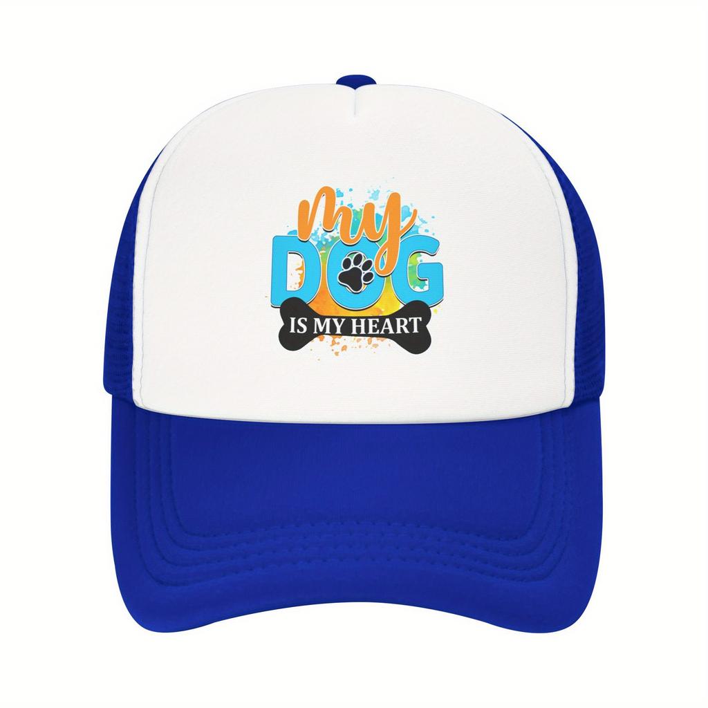 My Dog Is My Heart Paw Print Graphic Trucker Hat Polyester Breathable Casual Baseball Cap for Adults