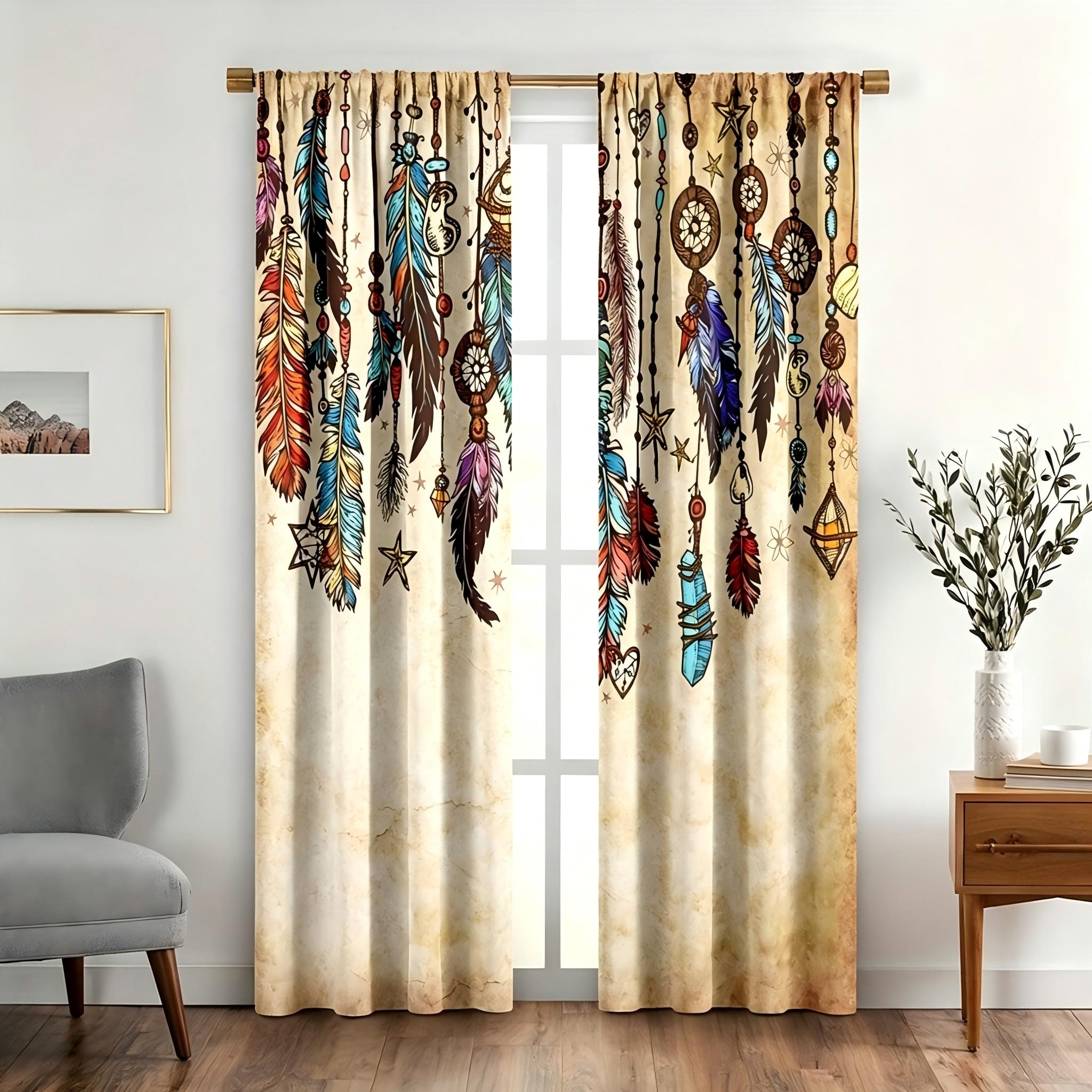 2-Piece Rod-Pocket Curtains, Bohemian Ethnic Style Feather Dreamcatcher Print Semi-Blackout Curtains 60×150cm(23.6×59in)