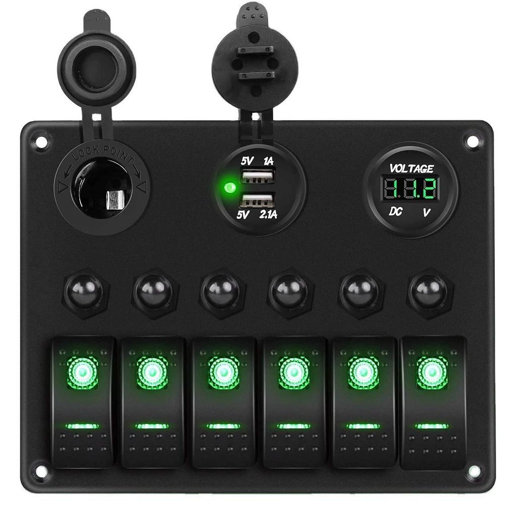 6 Gang ON Off Rocker Switch Panel 12V Voltmeter Dual USB Charger 3.0 Cigar Lighter For RV Truck Boat